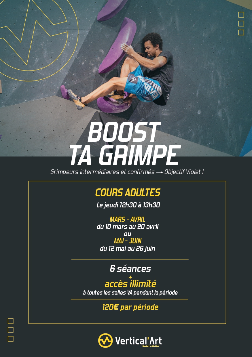 Cours Boost ta grimpe à Vertical'Art Paris Pigalle, tous les jeudis de 12h30 à 13h30, de mars à avril et de mai à juin