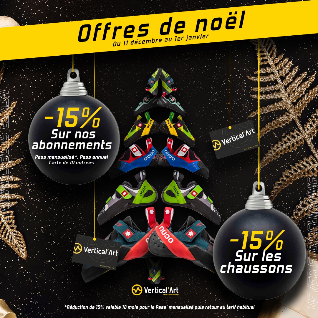 Offres de Noël à Vertical'Art Pigalle : 15% sur les formules de grimpe et les chaussons